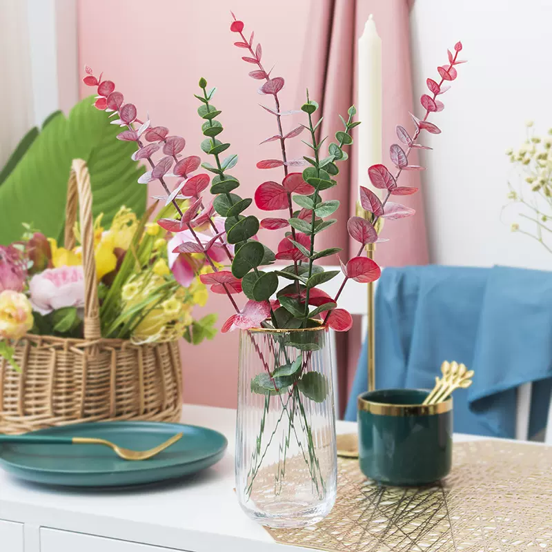 北欧ins仿真单枝尤加利金钱叶塑料花假绿植花瓶 北欧ins仿真单枝尤加利金钱叶塑料花假绿植花瓶