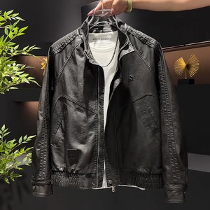 
velvet American retro leather jacket for autumn and winter, men's trendy brand high-end street stand collar motorcycle jacket