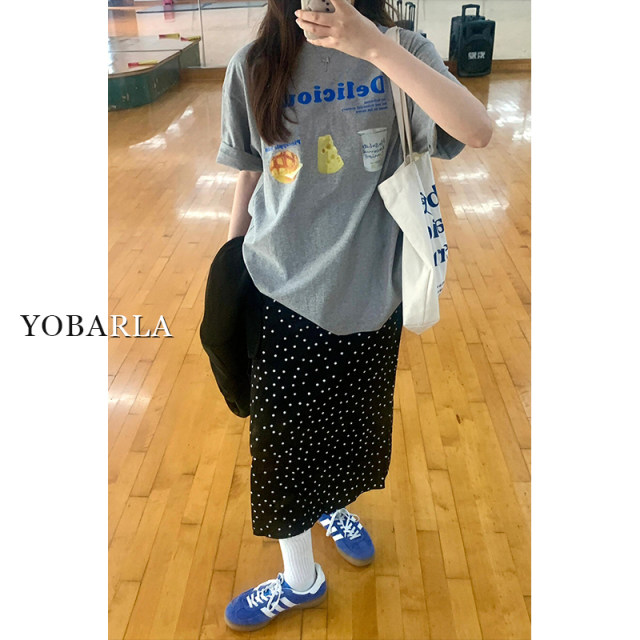 Black wave dot suit female summer large size fat MM covered belly, thin pear -shaped figure medium long A -line skirt
