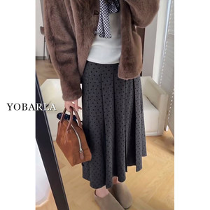 Gray wave dot pleated skirt Female autumn and winter fat mm high size high waist show thin pear -shaped figure medium long A -line skirt
