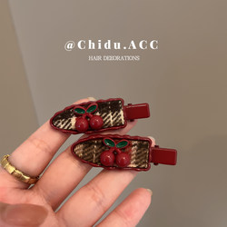 Autumn and Winter New Plaid Cherry Side Clip Sweet Hair Accessory Burgundy Fringe Clip Exquisite Duckbill Clip