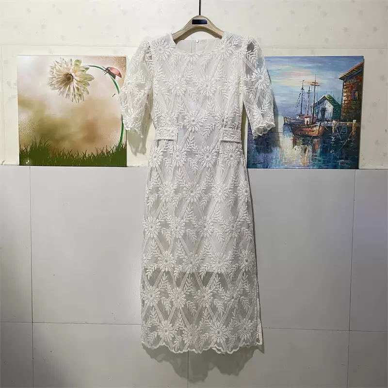 Manyu蔓羽蕾丝勾花镂空惊艳中长款收腰显瘦