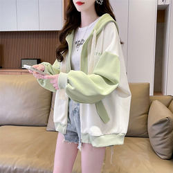 Designed with Contrasting Colors, Fleece-Lined Jacket for Women, Autumn and Winter 2026 New Style, Hooded Sweatshirt, Cardigan, Loose Mid-Length Top