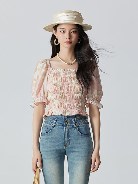 Aike square collar shirt for women 2024 summer French sweet and fresh slim short top puff sleeve floral shirt
