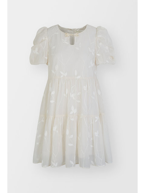 Aike puff sleeve dress 2024 summer French sweet bow with flowers jacquard waist-hugging A-line skirt
