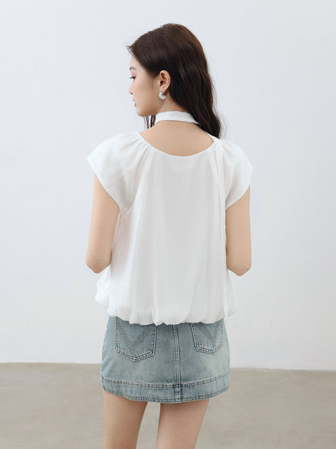 Aike French shirt women's top 2025 summer fresh sweet and simple solid color loose short puff sleeve shirt
