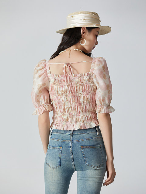 Aike square collar shirt for women 2024 summer French sweet and fresh slim short top puff sleeve floral shirt

