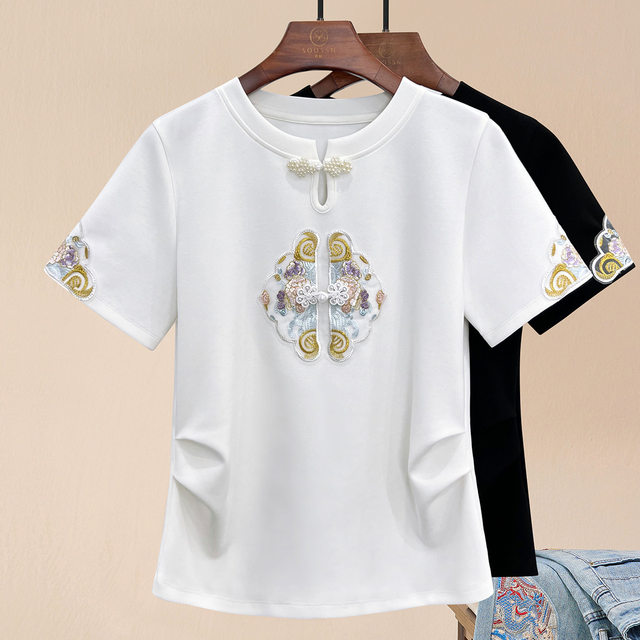 New Chinese style embroidered short-sleeved T-shirt for women 2025 summer round neck new women's large-size slim top