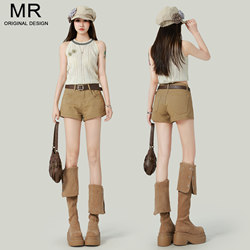Khaki American-Style High-Waisted Denim Shorts for Women, 2026 Summer New A-Line Thin Style, Suitable for Petite Women, Hot Pants