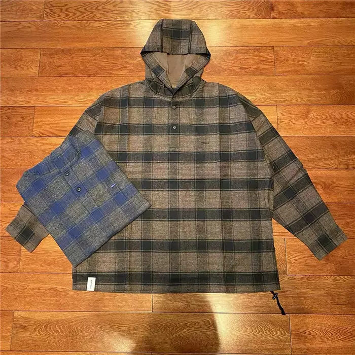 国仓DESCENDANT MOLE HOODED PLAID 刺绣鲸鱼格子连帽衬衫22SS-Taobao