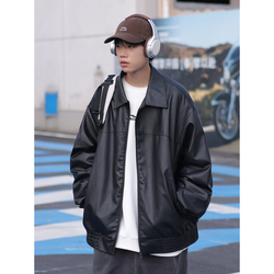 Autumn Black Pu Leather Jacket Men's Tide Brand Trend Spring And Autumn Couple Loose American Retro Casual Leather Jacket