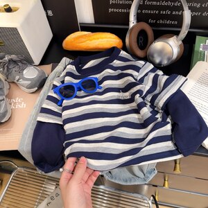
Boys' new autumn long-sleeved T-shirt color woven striped fake two-piece long-sleeved base shirt trendy versatile top