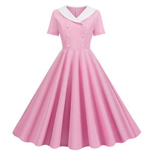 Sweet summer new product doll neck double breasted slim fit A-line pink short sleeved casual long swing dress for women