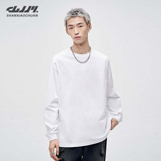 
Shan Xiaochuan trendy brand pure cotton white long-sleeved T-shirt for men and women loose bottoming shirt heavy American solid color boys inner wear