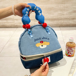 Office Workers Bring Lunch in a Stylish Double-Layer Lunch Box Bag, Insulated for Heat and Cold, Thickened Denim Lunch Bag