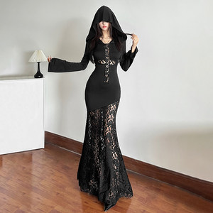 Griffin girl, cold and wasteland style lace cross hollow hooded dress for women, slim high waist hip skirt
