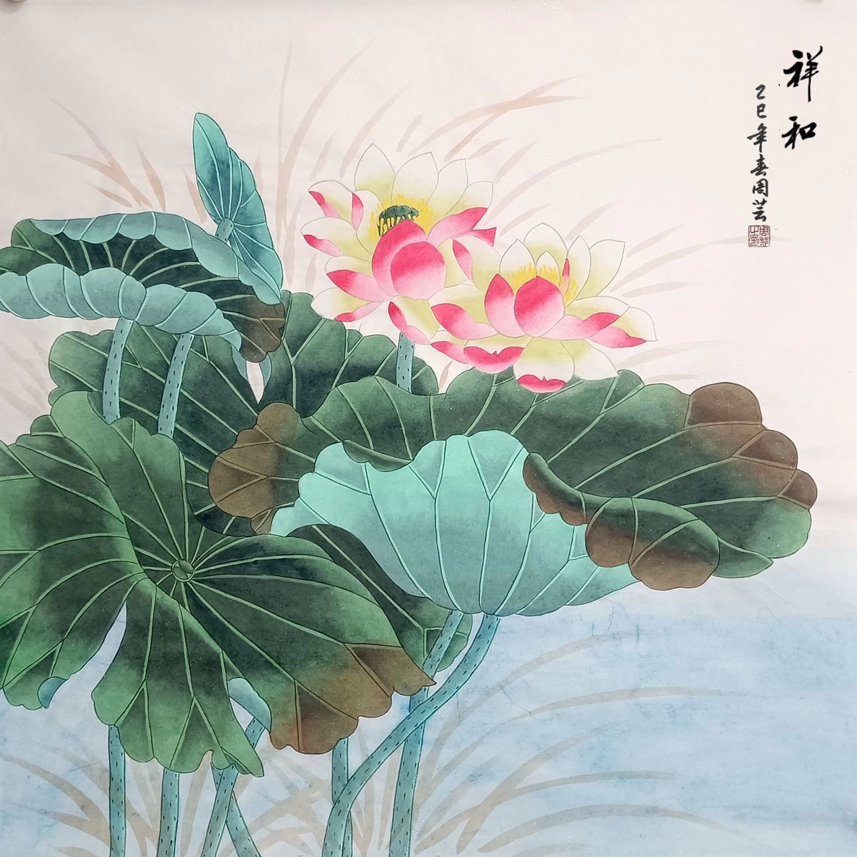 中国古美術・純手描き花卉図三尺画芯・水墨彩色画・呉昌碩印款・書道品・宣紙・带水印 中国古美術・純手描き花卉図三尺画芯・水墨彩色画・呉昌碩印款