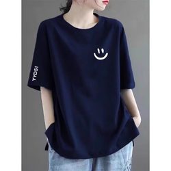 European Style Large Round Neck Short-Sleeved T-Shirt for Women, New Summer Style, Stylish Printed Pure Cotton T-Shirt, Loose Large Size Top