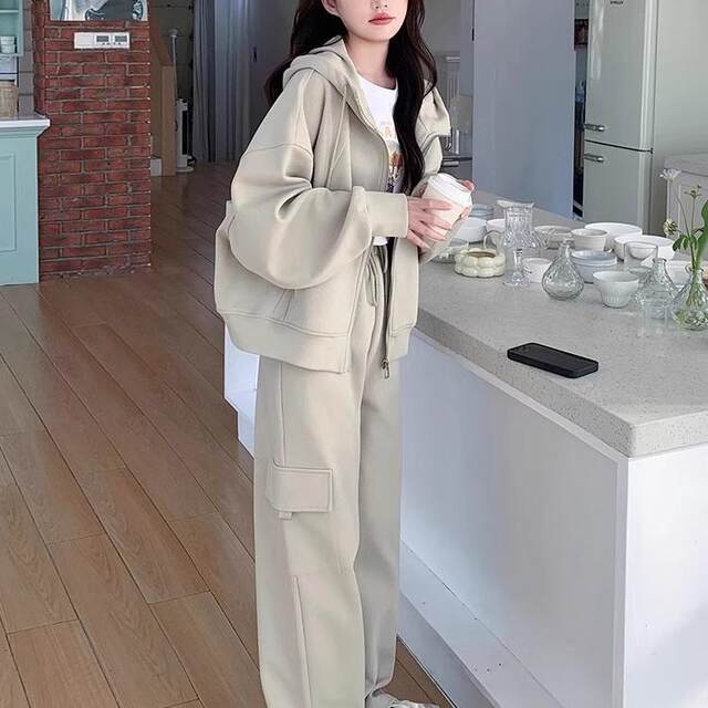 College style casual suit for women 2025 spring and autumn new small sports hooded sweatshirt jacket two-piece set