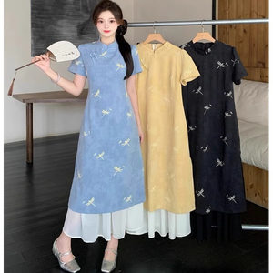 
Plus size women's fat mm summer new Chinese style improved cheongsam dress high-end embroidered mesh splicing long skirt