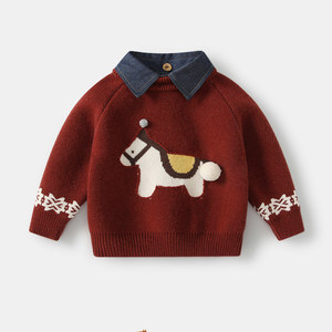 
Boys sweater autumn and winter plush velvet pullover sweater for baby boy red New Year's greetings knitted bottoming shirt with thick inner layer