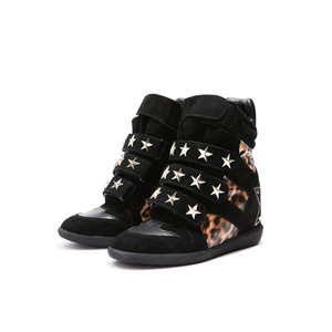 
DETW 'Wild Leopard Shadow' retro throwback leopard print leather rivet high top thick sole increased* wedge heel men's and women's sports shoes