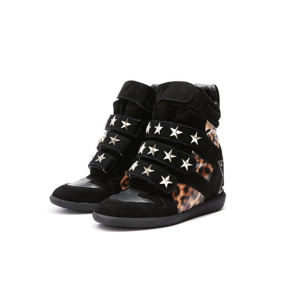 
DETW 'Wild Leopard Shadow' retro throwback leopard print leather rivet high top thick sole increased* wedge heel men's and women's sports shoes