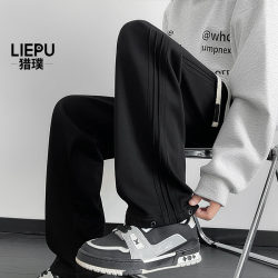 Men's Black Loose Casual Pants, Men's Long Straight-Leg Sweatpants, Fleece-Lined Winter Pants