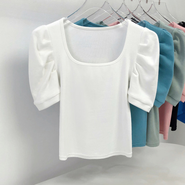 2023 Summer New Style Square Neck Puff Sleeve Short Sleeve T-shirt ...