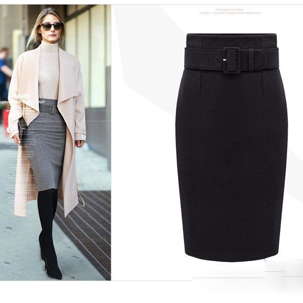 Gray stretch skirt, autumn and winter woolen material, hip-covering skirt, high-waisted, slim-fitting, knee-length mid-skirt, Korean version, versatile one-step skirt