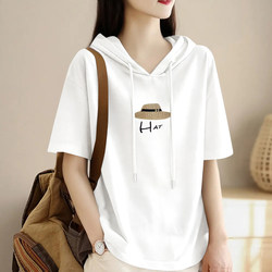 Brand Discount Genuine Women's Clothing Pure Cotton White Short-Sleeved Top Women's Loose Age-Reducing Stylish Design Hooded T-Shirt