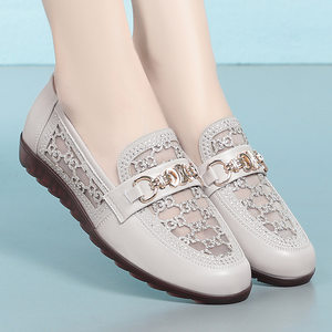 
Mesh genuine leather women's shoes, hollow breathable flat shoes, middle-aged mother's leather shoes, soft soles, lightweight fashion large size sandals