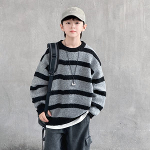 Boys' wool blended striped round neck sweater 2026 new big children's round neck warm and thickened pullover sweater