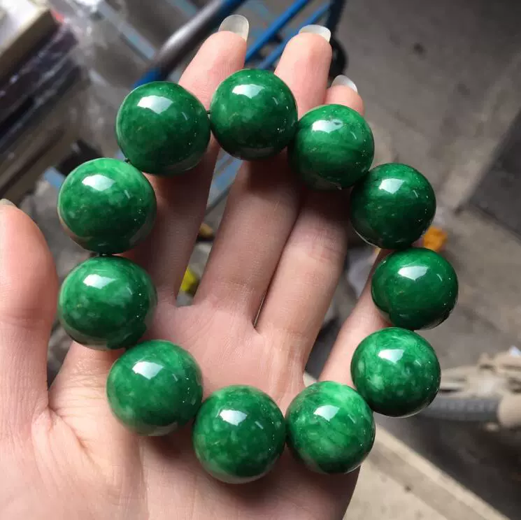 一元拍卖天然a货翡翠干青铁龙生祖母绿手链20mm佛珠