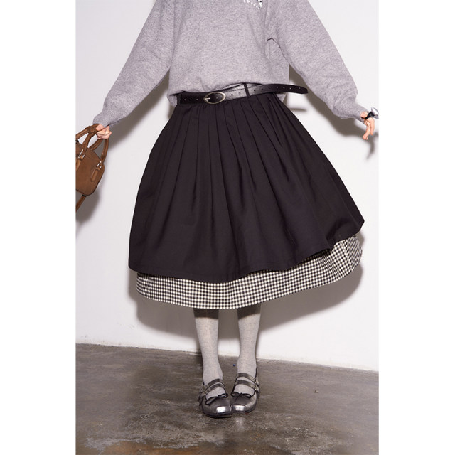 DIDDIMODA black stitching black and white plaid layer sense simple wild winter large skirt skirt female