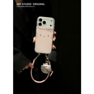 
Pink bow cat suitable for Apple 17promax crossbody mobile phone case frosted cartoon iPhone16 new pendant bracelet 15 cute 14pro female 13 Korean protective cover backpack style