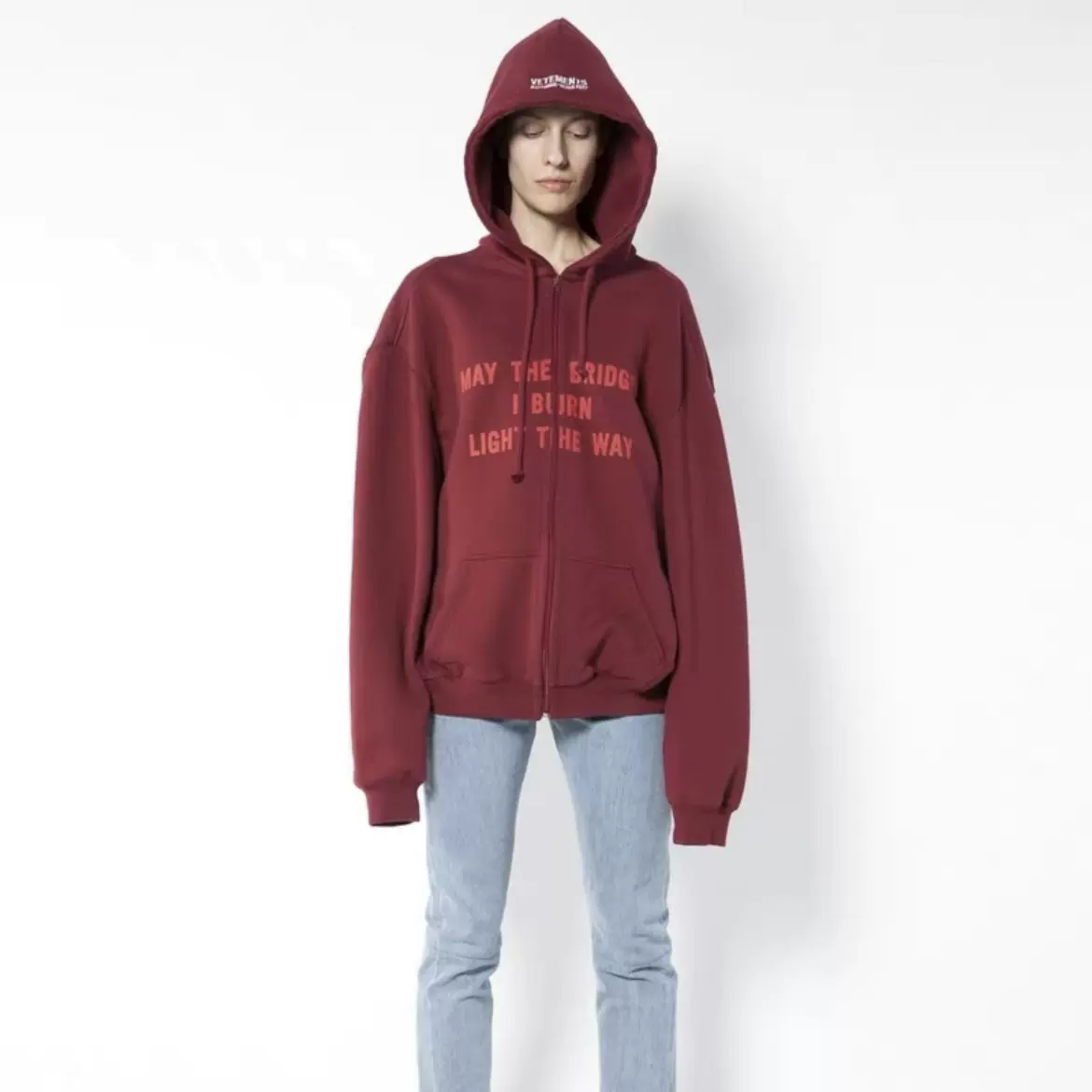 现货VTM MTB Zip Up Hoodie 燃烧的桥梁标语酒红色刺绣连帽衫