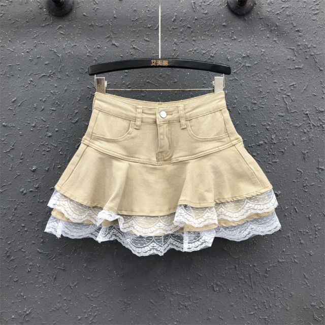 2025 summer pure and sweet puffy skirt denim skirt women's lace spliced ​​high-waisted small skirt