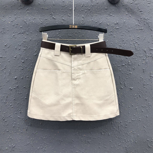 European beige simple style skirt for women 2025 spring new personalized pocket high waist versatile PU leather hip skirt