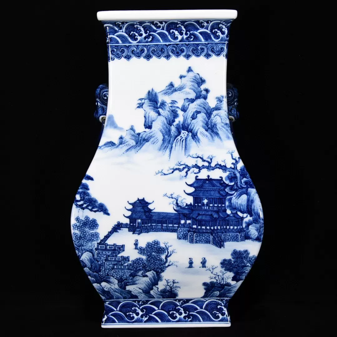 無底價】青花人物紋双耳瓶 ◇成行売切 ☆中国古玩古