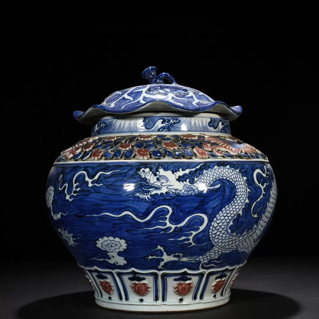 中国古美術・元款青花龍紋荷葉罐・青花磁・純手描き・陶芸・花瓶・