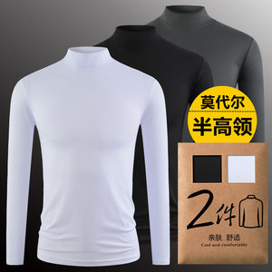 Moder cotton with bottom shirt men's long -sleeved large -size slim semi -high -necked white T -shirt autumn and winter men's autumn clothes

