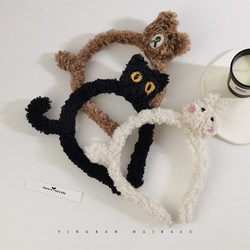 Cute Cartoon Plush Face-Washing Headband for Women, Versatile for Autumn and Winter Outings, Non-Slip, Fashionable Hairband, Hair Clip, Headwear