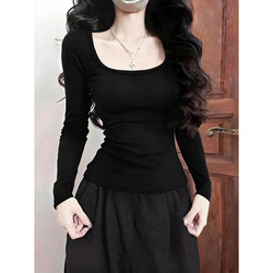 De Rong Square-Neck Long-Sleeve T-Shirt for Women, Autumn and Winter Inner Layer, Slim-Fit Base Shirt, Sexy Slimming Waist-Cinching Tight Top