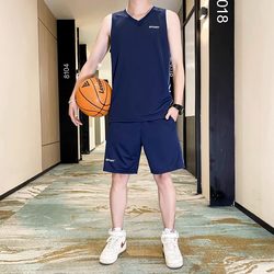 Basketball Jersey Men's Summer Ice Silk Quick-Drying Sleeveless T-Shirt Sports Uniform Running Fitness Morning Run Basketball Uniform Set