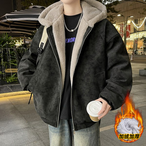 
American silhouette motorcycle jacket men's autumn and winter velvet thickened hooded jacket men's trendy brand winter suede cotton jacket