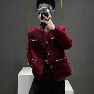 
Korean style design pearl decorated small fragrant style shoulder pad short jacket men's high-end 2025 new jacket trend
