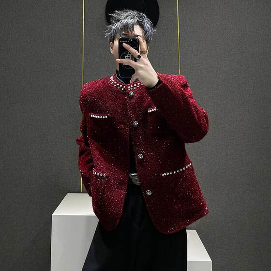 
Korean style design pearl decorated small fragrant style shoulder pad short jacket men's high-end 2025 new jacket trend