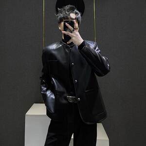 Short shoulder pads black leather jacket small fragrance style jacket men's autumn and winter new style handsome high-end loose leather jacket trendy
