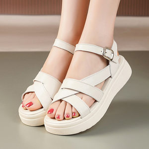 
New summer genuine leather soft sole sponge cake sandals for women's fashion thick sole seaside beach shoes one-liner buckle Roman shoes